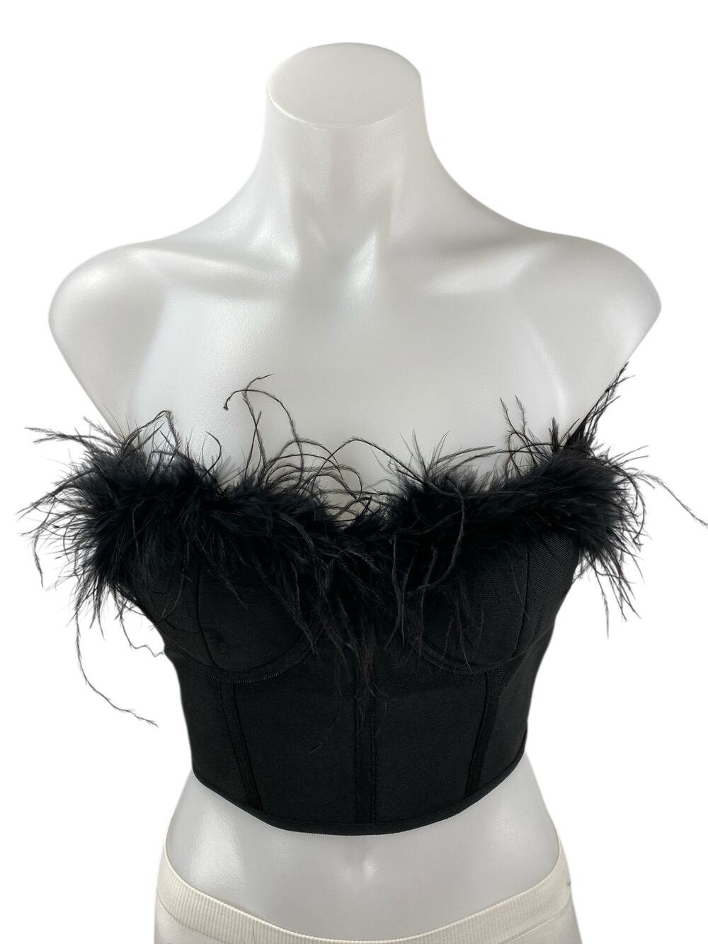 Superdown Ramona Black Feather Strapless Sleeveless Bandeau Corset Bustier Top S